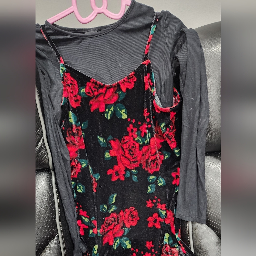 Floral Velvet Dress with Black Long Sleeve Top